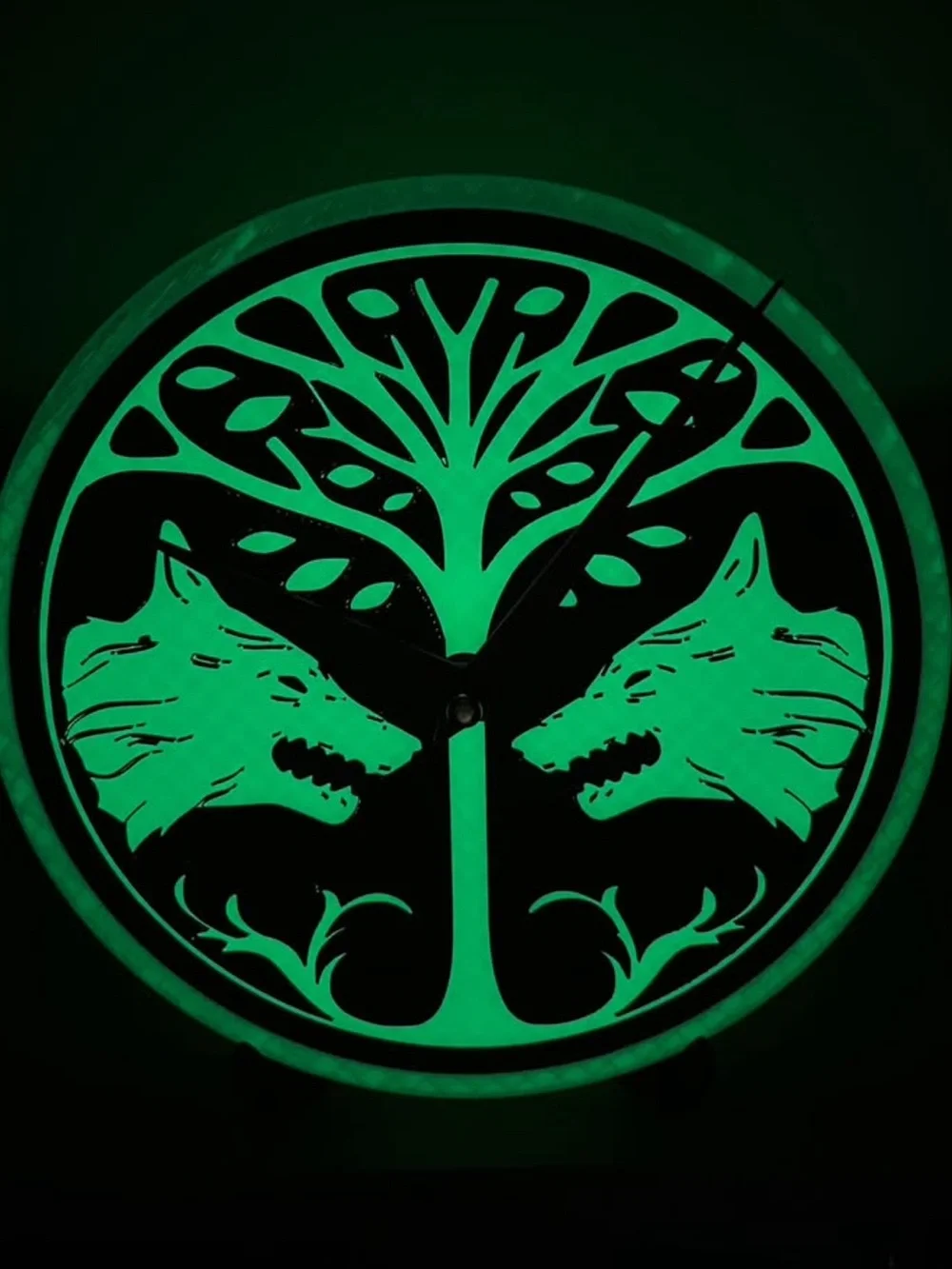 Glow Green Wolf Tree Wall Clock by